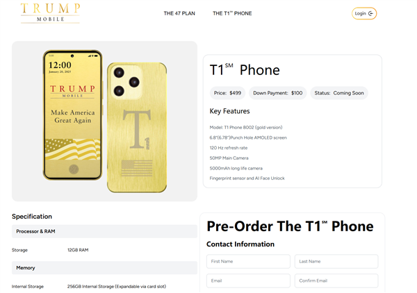 3582元！特朗普手機(jī)T1 Phone發(fā)布：土豪金色 后攝神似iPhone