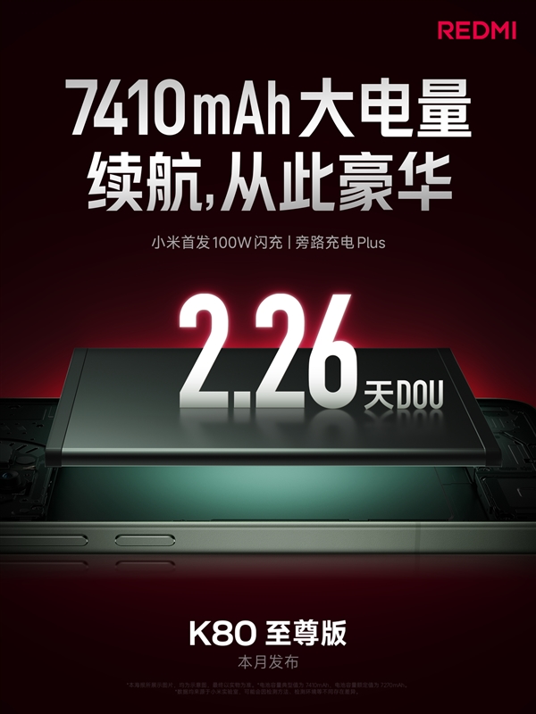 小米旗下續(xù)航強(qiáng)手機(jī)！REDMI K80至尊版配備7410mAh大電池